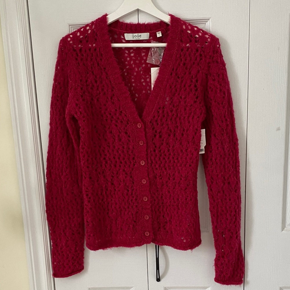 Joie NWT Vara Cardigan in Persian Red Wool Alpaca blend Lacy Knit Size Small